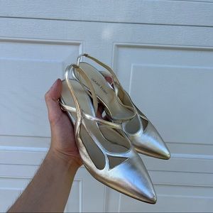 Sarah Flint Metallic Silver Slingback Pointed-Toe Heels 35/5
